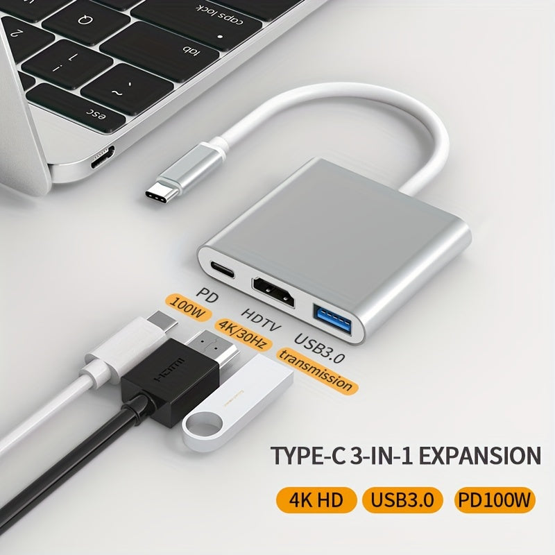 Type-C Docking Station 3 In 1 Hub With Connector For HDTV+USB+PD Ports Support 4K HD PD 100W Fast Charging Compatible With Macbook/iPad/Samsung/Switch