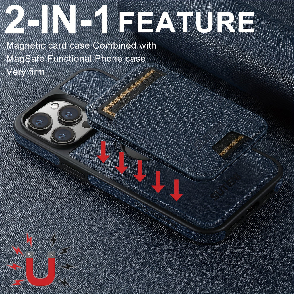 SUTENI Two-in-one Compatible Magnetic Wireless Charging Mobile Phone Case Luxury Faux Leather Card Holder Bracket Protective Case For iPhone 16 Pro Max 15 Plus 14 13 12