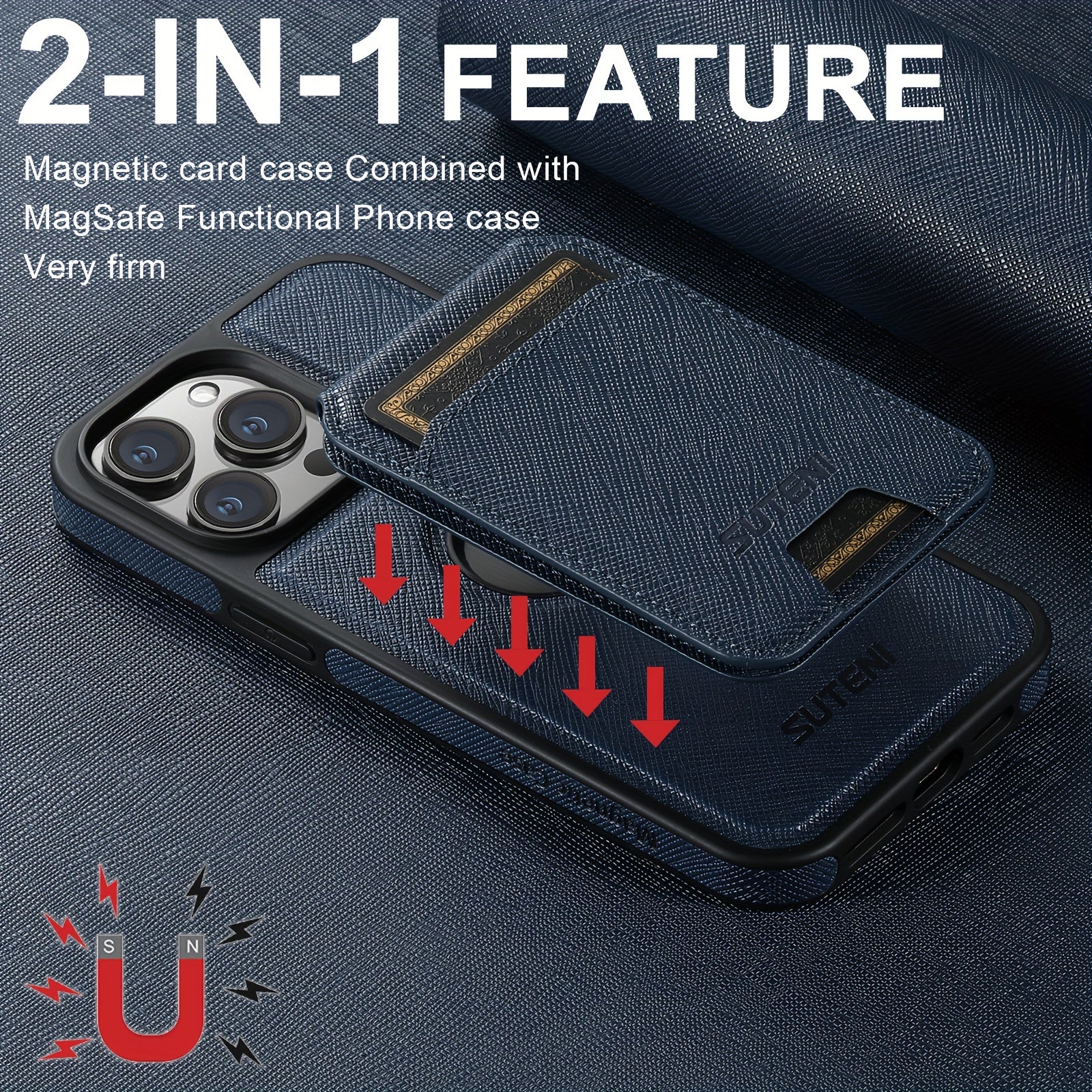 SUTENI Two-in-one Compatible Magnetic Wireless Charging Mobile Phone Case Luxury Faux Leather Card Holder Bracket Protective Case For iPhone 16 Pro Max 15 Plus 14 13 12