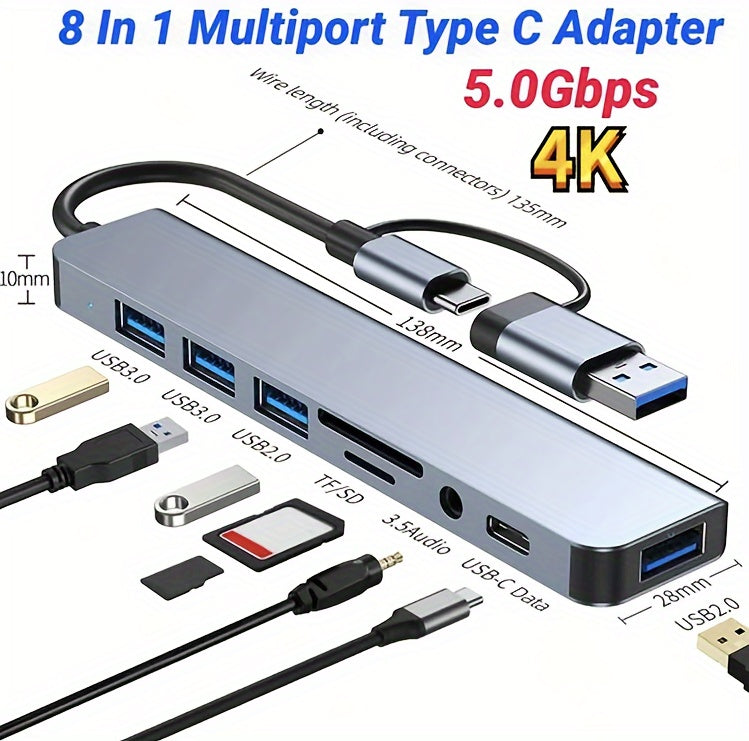 8-Port USB C Hub - Expand Your Laptop's Capabilities with USB 3.0, USB 2.0, Micro SD/TF Card Reader, Microphone/Audio, and More - Ideal for MacBook Pro, iMac, iPad Pro, and Other USB-C Devices